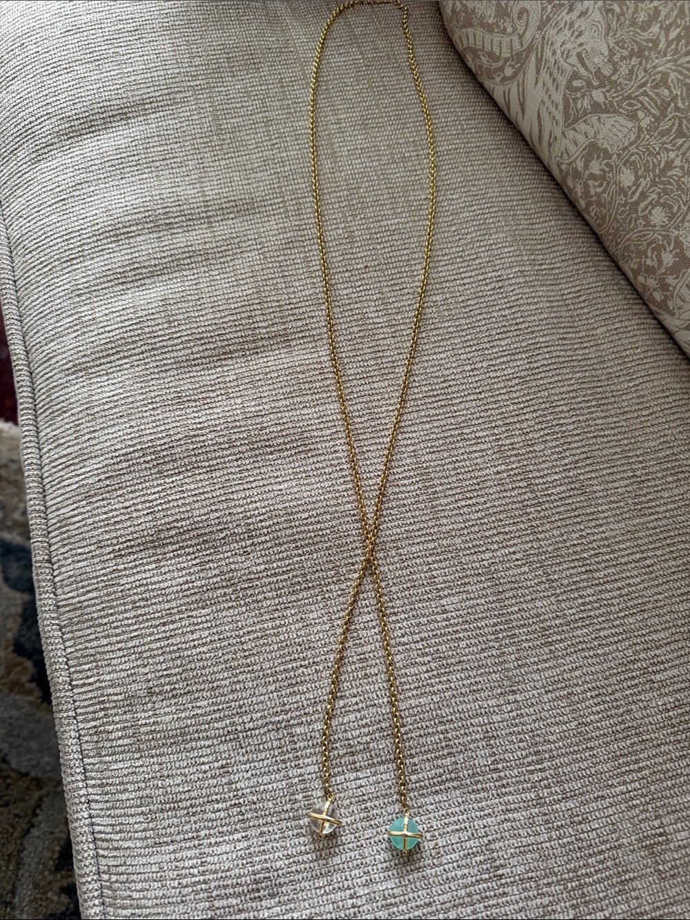 Gold Long Lariat Necklace with Mint Green and White Stones